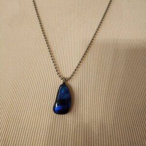 Lucite Blue Iridescent Pendant Necklace on Liquid Silver Tone Bead Chain